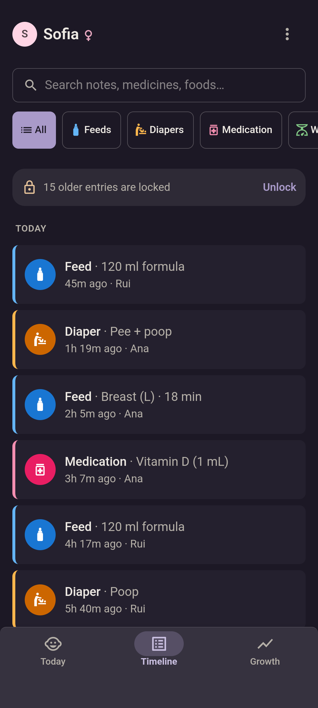 Shared timeline in dark mode, showing who logged each entry