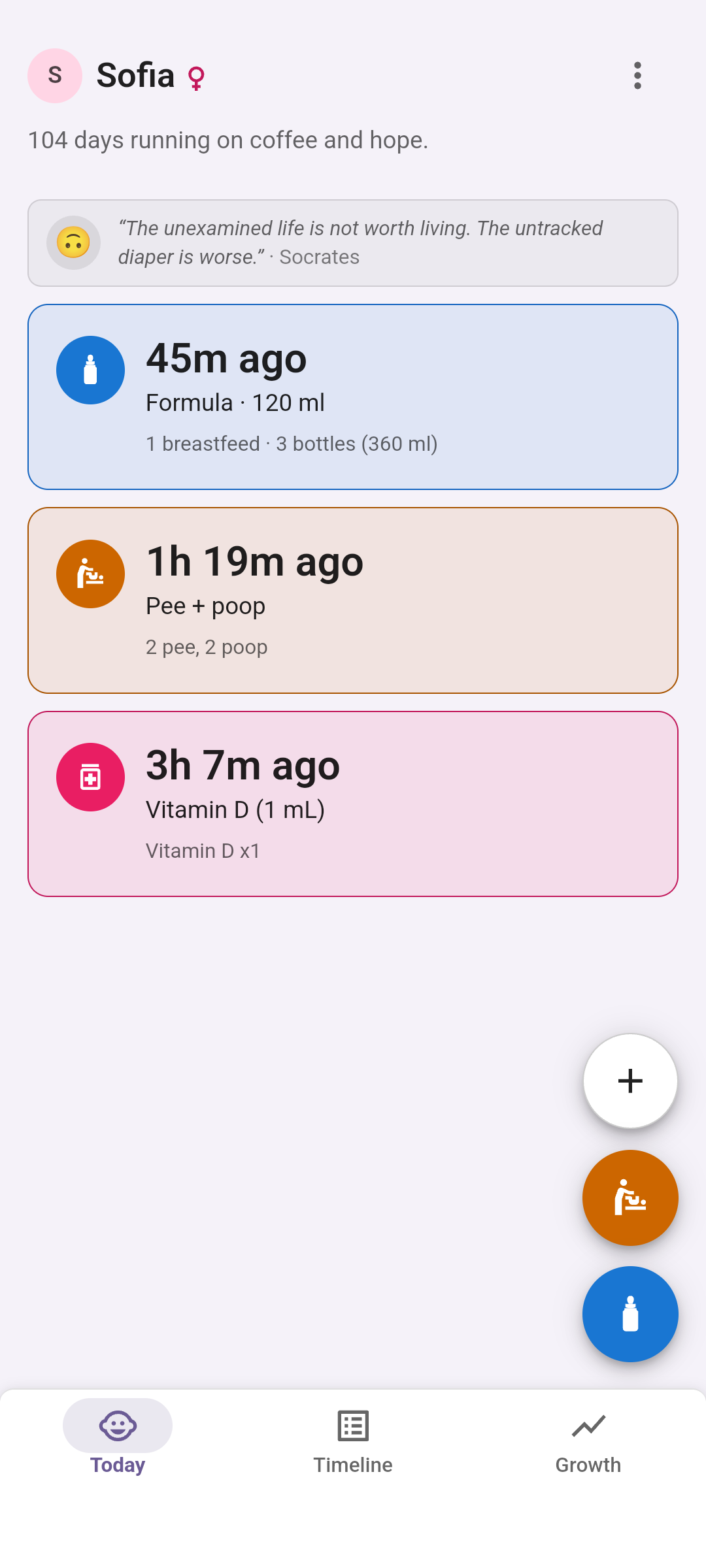 Today: the last feed, diaper and medicine, with quick logging buttons